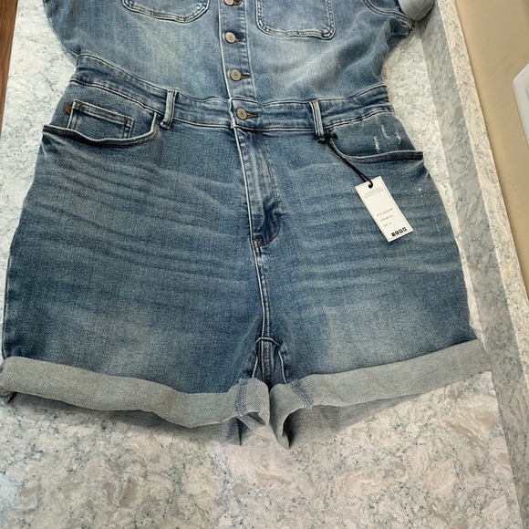 Judy Blue Denim Romper JB150244 MD 1XL Medium Blue Button Front Distressed Short - Picture 3 of 14